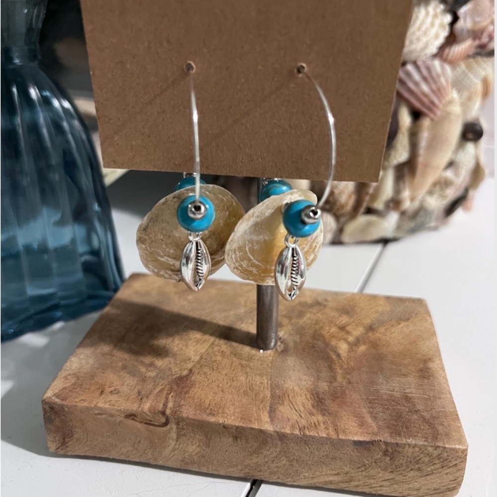 Handmade Silver and Blue Shell Hoop Earrings